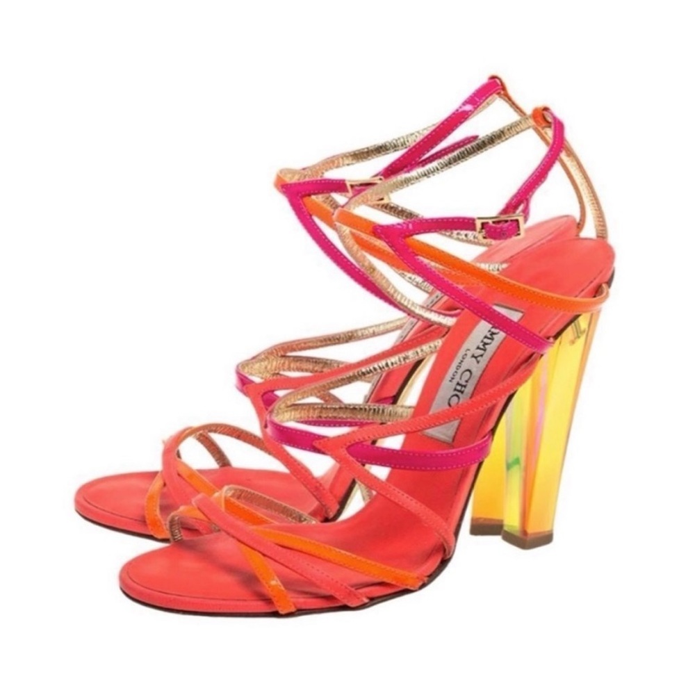JIMMY CHOO Neon Orange Pink Transparent Heels, Size US 7.5
